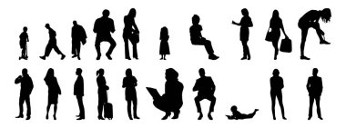 Vektör illüstrasyonu, insanların ana hatları, Contour çizimleri, insanların siluetleri, mimari taslak insanları, oturan insanların silueti, mimari set