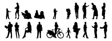 Vektör illüstrasyonu, insanların ana hatları, Contour çizimleri, insanların siluetleri, mimari taslak insanları, oturan insanların silueti, mimari set