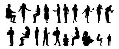 Vektör illüstrasyonu, insanların ana hatları, Contour çizimleri, insanların siluetleri, mimari taslak insanları, oturan insanların silueti, mimari set