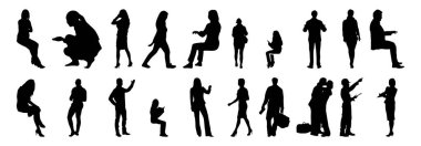 Vektör illüstrasyonu, insanların ana hatları, Contour çizimleri, insanların siluetleri, mimari taslak insanları, oturan insanların silueti, mimari set