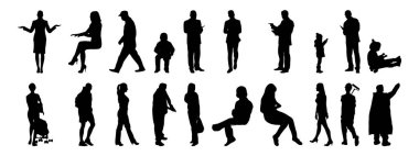 Vektör illüstrasyonu, insanların ana hatları, Contour çizimleri, insanların siluetleri, mimari taslak insanları, oturan insanların silueti, mimari set