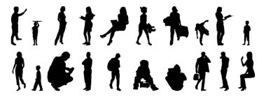 Vektör illüstrasyonu, insanların ana hatları, Contour çizimleri, insanların siluetleri, mimari taslak insanları, oturan insanların silueti, mimari set