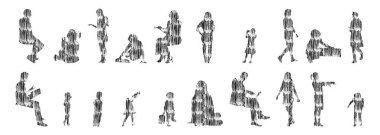 Vektör siluetleri, insanların ana hatları, Contour çizimleri, insanların siluetleri, ikon kümesi izole edilmiş, oturan insanların silueti, mimari set