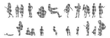 Vektör siluetleri, insanların ana hatları, Contour çizimleri, insanların siluetleri, ikon kümesi izole edilmiş, oturan insanların silueti, mimari set