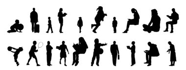 Vektör siluetleri, insanların ana hatları, Contour çizimleri, insanların siluetleri, ikon kümesi izole edilmiş, oturan insanların silueti, mimari set