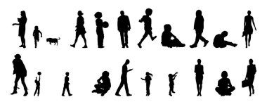 Vektör siluetleri, insanların ana hatları, Contour çizimleri, insanların siluetleri, ikon kümesi izole edilmiş, oturan insanların silueti, mimari set