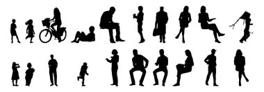 Vektör siluetleri, insanların ana hatları, Contour çizimleri, insanların siluetleri, ikon kümesi izole edilmiş, oturan insanların silueti, mimari set