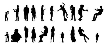 Vektör siluetleri, insanların ana hatları, Contour çizimleri, insanların siluetleri, ikon kümesi izole edilmiş, oturan insanların silueti, mimari set