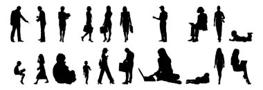 Vektör siluetleri, insanların ana hatları, Contour çizimleri, insanların siluetleri, ikon kümesi izole edilmiş, oturan insanların silueti, mimari set