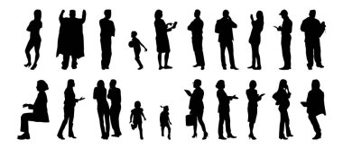 Vektör siluetleri, insanların ana hatları, Contour çizimleri, insanların siluetleri, ikon kümesi izole edilmiş, oturan insanların silueti, mimari set