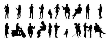 Vektör siluetleri, insanların ana hatları, Contour çizimleri, insanların siluetleri, ikon kümesi izole edilmiş, oturan insanların silueti, mimari set