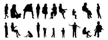 Vektör siluetleri, insanların ana hatları, Contour çizimleri, insanların siluetleri, ikon kümesi izole edilmiş, oturan insanların silueti, mimari set