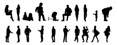 Vektör siluetleri, insanların ana hatları, Contour çizimleri, insanların siluetleri, ikon kümesi izole edilmiş, oturan insanların silueti, mimari set