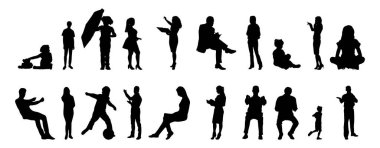 Vektör siluetleri, insanların ana hatları, Contour çizimleri, insanların siluetleri, ikon kümesi izole edilmiş, oturan insanların silueti, mimari set