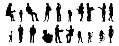 Vektör siluetleri, insanların ana hatları, Contour çizimleri, insanların siluetleri, ikon kümesi izole edilmiş, oturan insanların silueti, mimari set