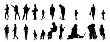 Vektör siluetleri, insanların ana hatları, Contour çizimleri, insanların siluetleri, ikon kümesi izole edilmiş, oturan insanların silueti, mimari set
