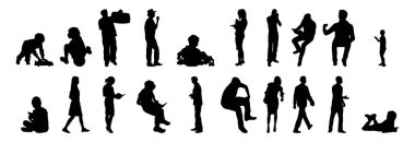 Vektör siluetleri, insanların ana hatları, Contour çizimleri, insanların siluetleri, ikon kümesi izole edilmiş, oturan insanların silueti, mimari set