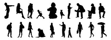 Vektör siluetleri, insanların ana hatları, Contour çizimleri, insanların siluetleri, ikon kümesi izole edilmiş, oturan insanların silueti, mimari set