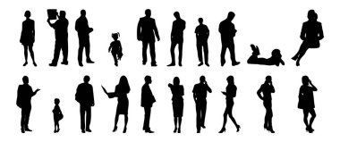 Vektör siluetleri, insanların ana hatları, Contour çizimleri, insanların siluetleri, ikon kümesi izole edilmiş, oturan insanların silueti, mimari set