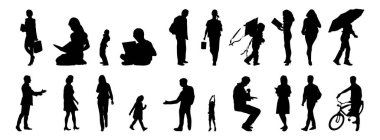 Vektör siluetleri, insanların ana hatları, Contour çizimleri, insanların siluetleri, ikon kümesi izole edilmiş, oturan insanların silueti, mimari set