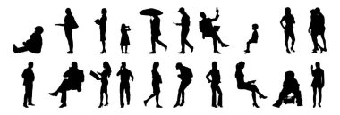 Vektör siluetleri, insanların ana hatları, Contour çizimleri, insanların siluetleri, ikon kümesi izole edilmiş, oturan insanların silueti, mimari set