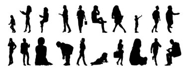 Vektör siluetleri, insanların ana hatları, Contour çizimleri, insanların siluetleri, ikon kümesi izole edilmiş, oturan insanların silueti, mimari set