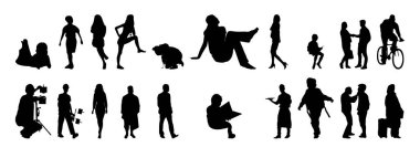 Vektör siluetleri, insanların ana hatları, Contour çizimleri, insanların siluetleri, ikon kümesi izole edilmiş, oturan insanların silueti, mimari set