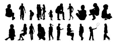Vektör siluetleri, insanların ana hatları, Contour çizimleri, insanların siluetleri, ikon kümesi izole edilmiş, oturan insanların silueti, mimari set