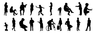 Vektör siluetleri, insanların ana hatları, Contour çizimleri, insanların siluetleri, ikon kümesi izole edilmiş, oturan insanların silueti, mimari set