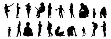 Vektör siluetleri, insanların ana hatları, Contour çizimleri, insanların siluetleri, ikon kümesi izole edilmiş, oturan insanların silueti, mimari set