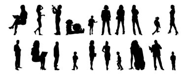 Vektör siluetleri, insanların ana hatları, Contour çizimleri, insanların siluetleri, ikon kümesi izole edilmiş, oturan insanların silueti, mimari set