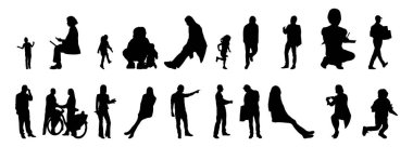 Vektör siluetleri, insanların ana hatları, Contour çizimleri, insanların siluetleri, ikon kümesi izole edilmiş, oturan insanların silueti, mimari set