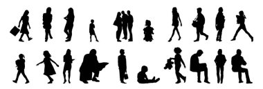 Vektör siluetleri, insanların ana hatları, Contour çizimleri, insanların siluetleri, ikon kümesi izole edilmiş, oturan insanların silueti, mimari set