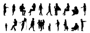 Vektör siluetleri, insanların ana hatları, Contour çizimleri, insanların siluetleri, ikon kümesi izole edilmiş, oturan insanların silueti, mimari set