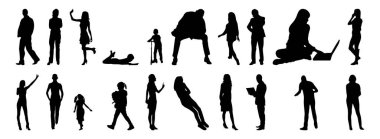 Vektör siluetleri, insanların ana hatları, Contour çizimleri, insanların siluetleri, ikon kümesi izole edilmiş, oturan insanların silueti, mimari set