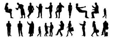 Vektör siluetleri, insanların ana hatları, Contour çizimleri, insanların siluetleri, ikon kümesi izole edilmiş, oturan insanların silueti, mimari set