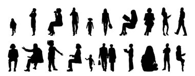 Vektör siluetleri, insanların ana hatları, Contour çizimleri, insanların siluetleri, ikon kümesi izole edilmiş, oturan insanların silueti, mimari set