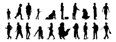 Vektör siluetleri, insanların ana hatları, Contour çizimleri, insanların siluetleri, ikon kümesi izole edilmiş, oturan insanların silueti, mimari set