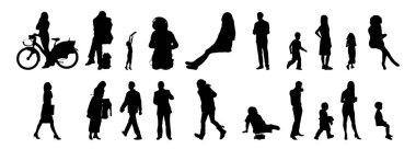 Vektör siluetleri, insanların ana hatları, Contour çizimleri, insanların siluetleri, ikon kümesi izole edilmiş, oturan insanların silueti, mimari set