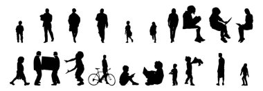 Vektör siluetleri, insanların ana hatları, Contour çizimleri, insanların siluetleri, ikon kümesi izole edilmiş, oturan insanların silueti, mimari set