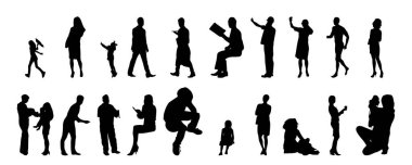 Vektör siluetleri, insanların ana hatları, Contour çizimleri, insanların siluetleri, ikon kümesi izole edilmiş, oturan insanların silueti, mimari set