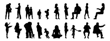 Vektör illüstrasyonu, insanların ana hatları, Contour çizimi, insanların silueti, ikon kümesi izole edilmiş, oturan insanların silueti, mimari set