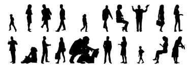 Vektör illüstrasyonu, insanların ana hatları, Contour çizimi, insanların silueti, ikon kümesi izole edilmiş, oturan insanların silueti, mimari set