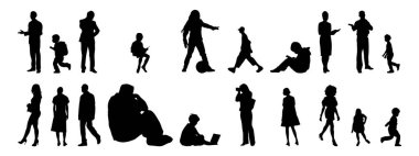 Vektör illüstrasyonu, insanların ana hatları, Contour çizimi, insanların silueti, ikon kümesi izole edilmiş, oturan insanların silueti, mimari set