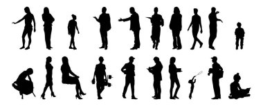 Vektör illüstrasyonu, insanların ana hatları, Contour çizimi, insanların silueti, ikon kümesi izole edilmiş, oturan insanların silueti, mimari set