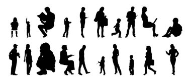 Vektör illüstrasyonu, insanların ana hatları, Contour çizimi, insanların silueti, ikon kümesi izole edilmiş, oturan insanların silueti, mimari set