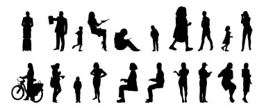 Vektör illüstrasyonu, insanların ana hatları, Contour çizimi, insanların silueti, ikon kümesi izole edilmiş, oturan insanların silueti, mimari set