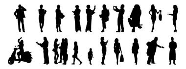 Vektör illüstrasyonu, insanların ana hatları, Contour çizimi, insanların silueti, ikon kümesi izole edilmiş, oturan insanların silueti, mimari set