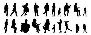Vektör illüstrasyonu, insanların ana hatları, Contour çizimi, insanların silueti, ikon kümesi izole edilmiş, oturan insanların silueti, mimari set