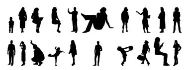 Vektör illüstrasyonu, insanların ana hatları, Contour çizimi, insanların silueti, ikon kümesi izole edilmiş, oturan insanların silueti, mimari set